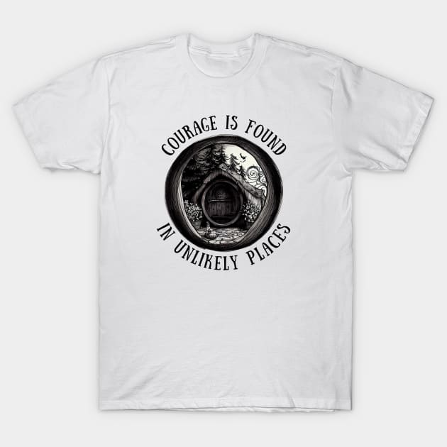 Whimsical Halfling Hole Pen Drawing - Courage is Found in Unlikely Places - Round Door - Black and White - Fantasy T-Shirt by Fenay-Designs